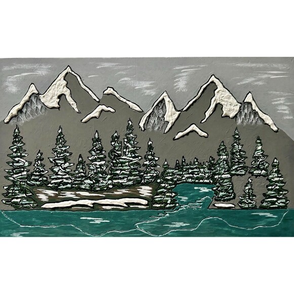 Christmas Village Display Mountain Backdrop w Stream 18" x 11" x 1" Hand Painted - Picture 1 of 5